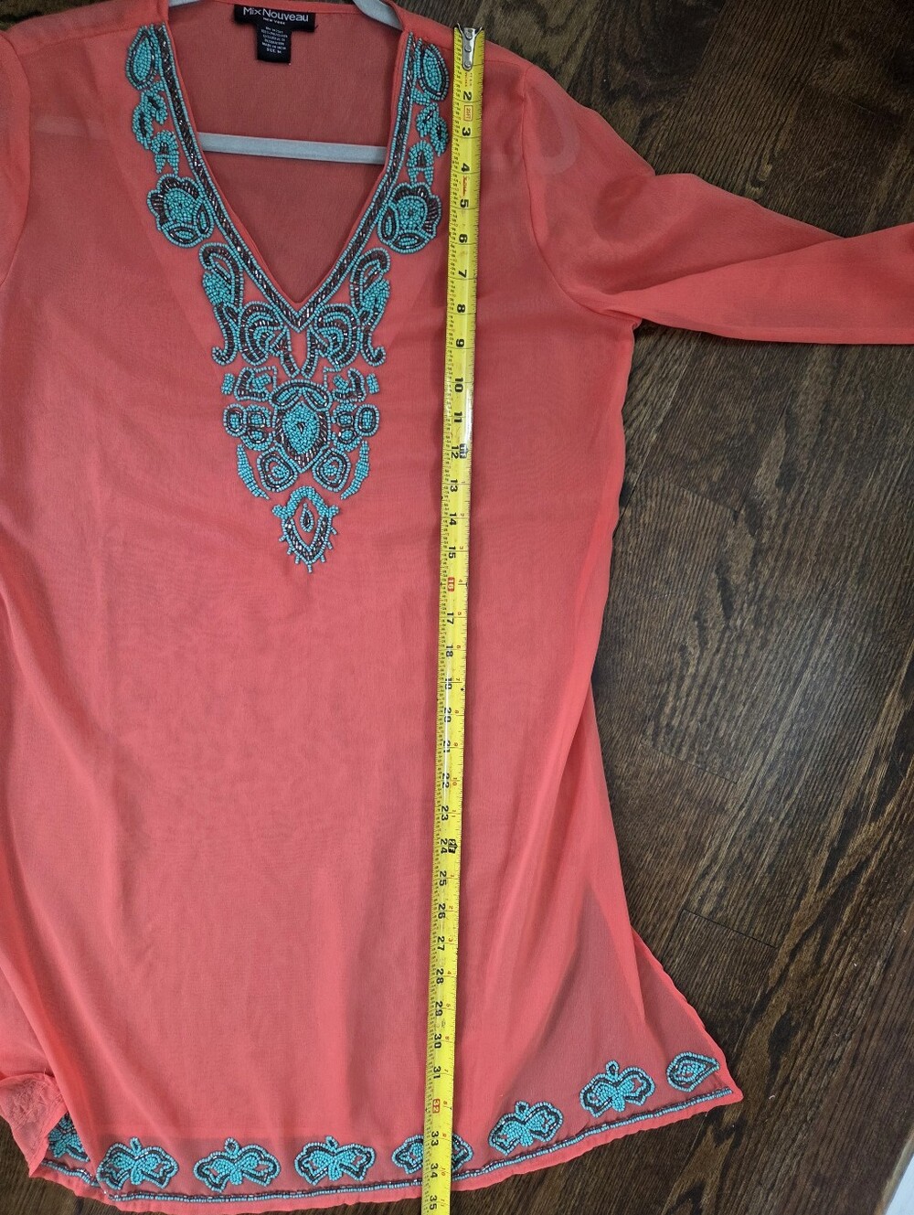 Mix Nouveau Coral And Turquiose Embellished V-Neck Swim Coverup - Picture 8 of 8